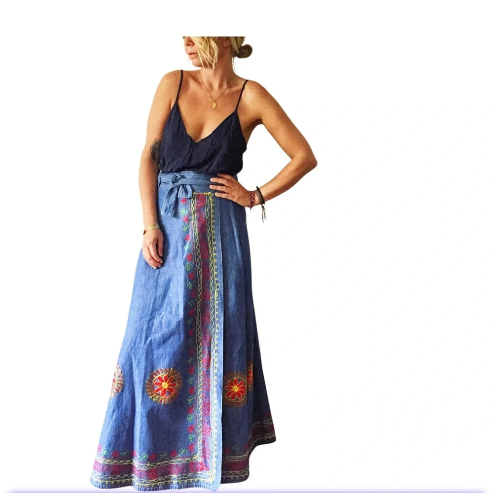 VINTAGE Embroidered Blue Denim Wrap  Boho Maxi Skirt‎ - Picture 16 of 16